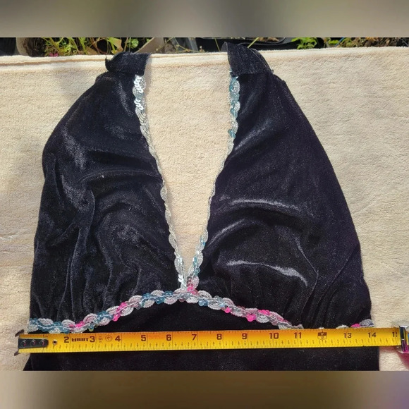 Black velvet  halter dress with silver sequins Tie back Halloween Flapper Dress - Picture 5 of 8